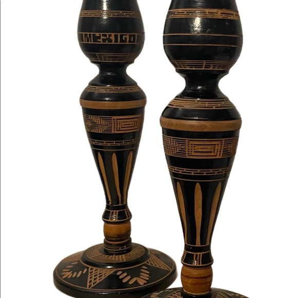 Vtg Mexican Carved Wooden Pedestal Candleholders - Picture 3 of 5